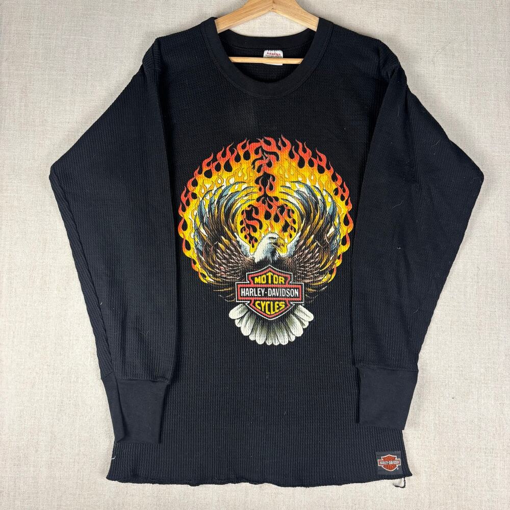 Vintage Harley Davidson Eagle Flame Sleeve 1990 Thermal XXL